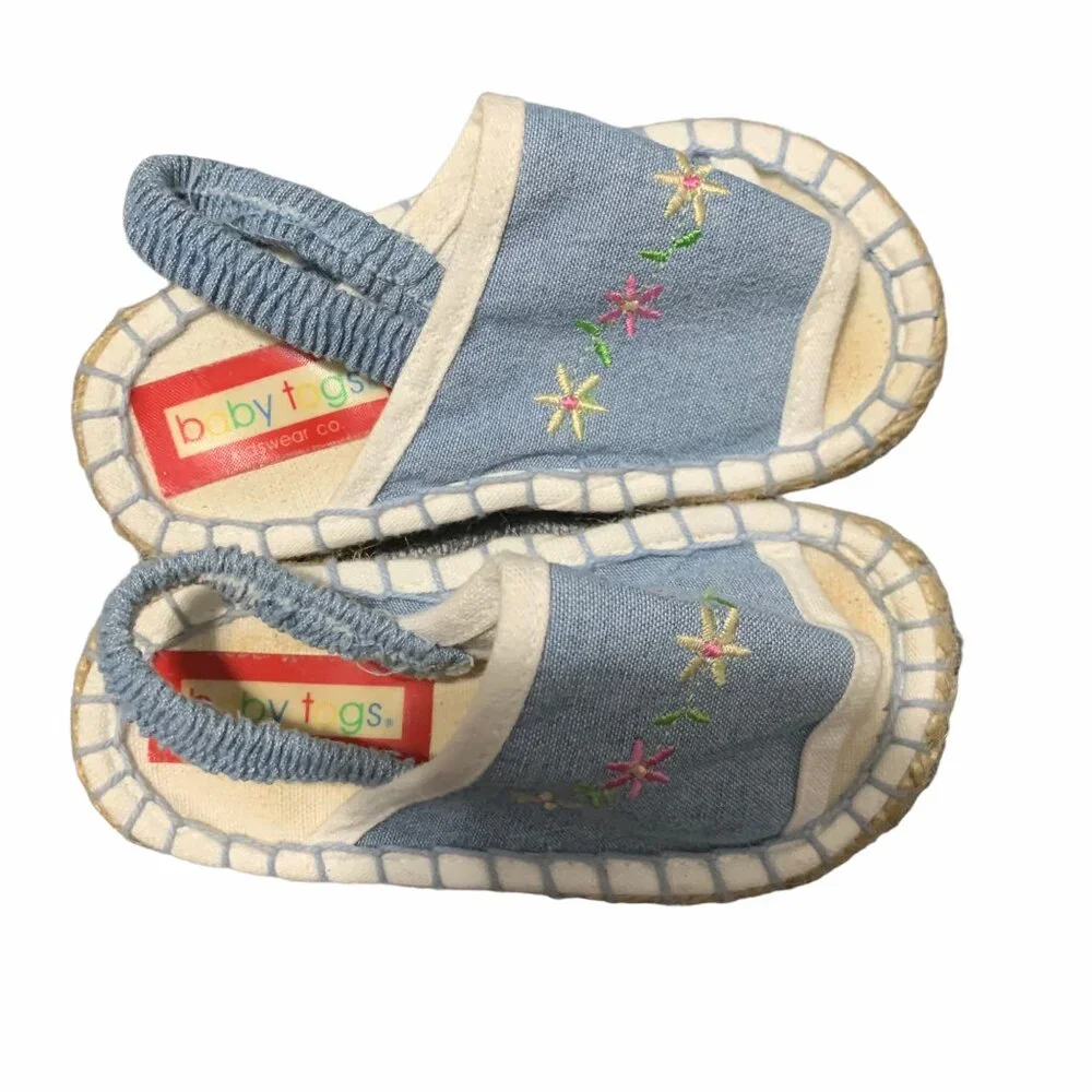 Vintage Baby Togs Chambray Floral Embroidered Sandals 24 Months